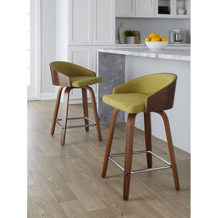 Walnut and Green Upholstered Swivel Counter Stools, Set of 2