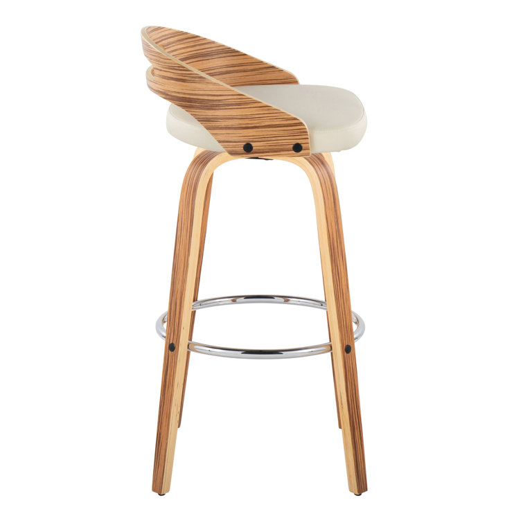 Beige Swivel Upholstered Bar Stool with Wood and Metal Frame