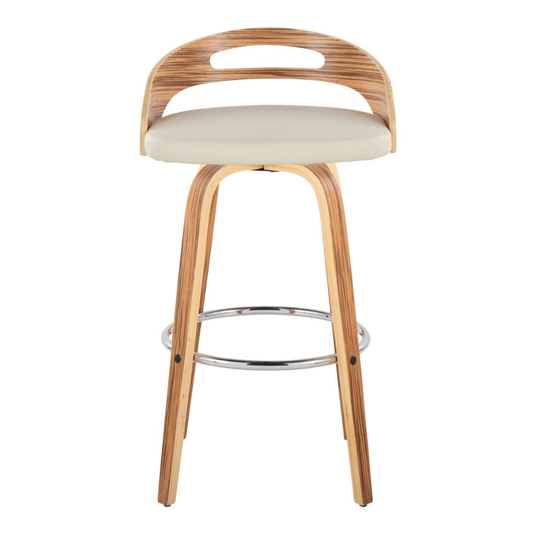 Beige Swivel Upholstered Bar Stool with Wood and Metal Frame