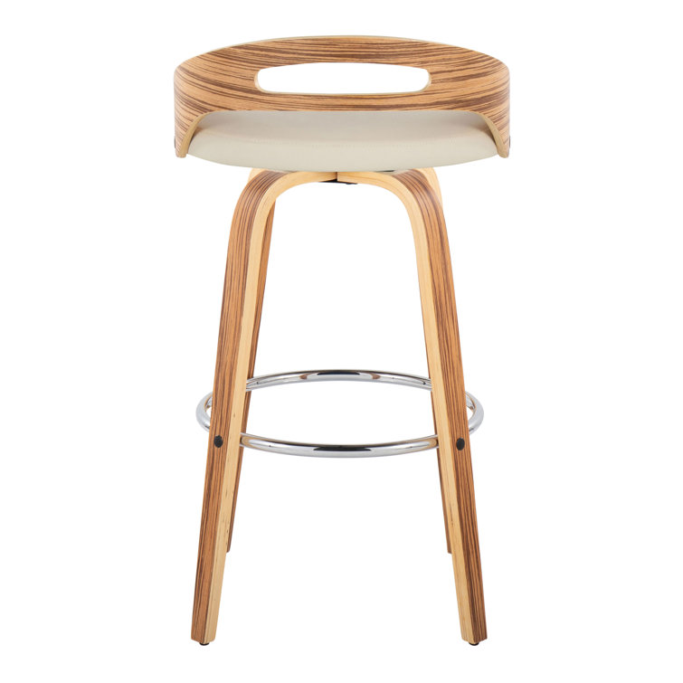 Beige Swivel Upholstered Bar Stool with Wood and Metal Frame