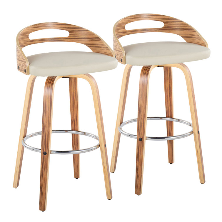 Beige Swivel Upholstered Bar Stool with Wood and Metal Frame