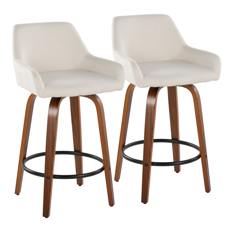 Beige Upholstered Swivel Counter Stools with Walnut Bent Wood Legs