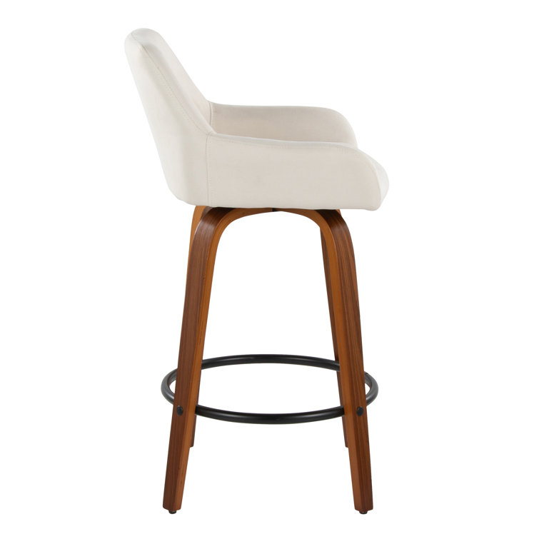 Beige Upholstered Swivel Counter Stools with Walnut Bent Wood Legs