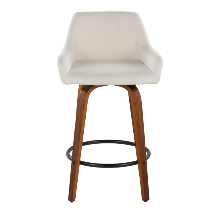 Beige Upholstered Swivel Counter Stools with Walnut Bent Wood Legs