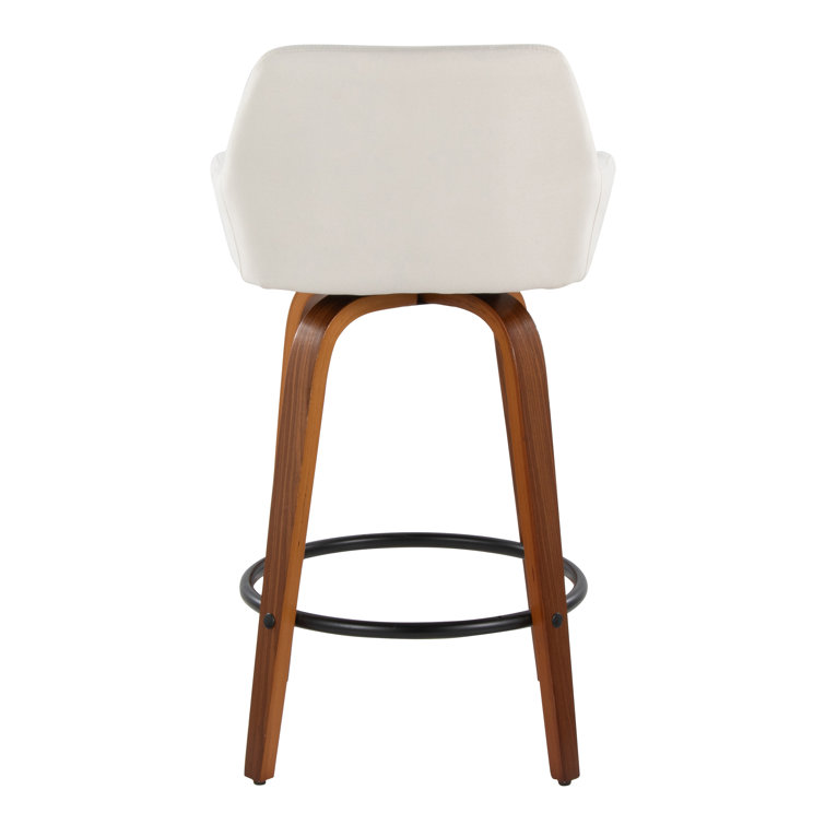 Beige Upholstered Swivel Counter Stools with Walnut Bent Wood Legs