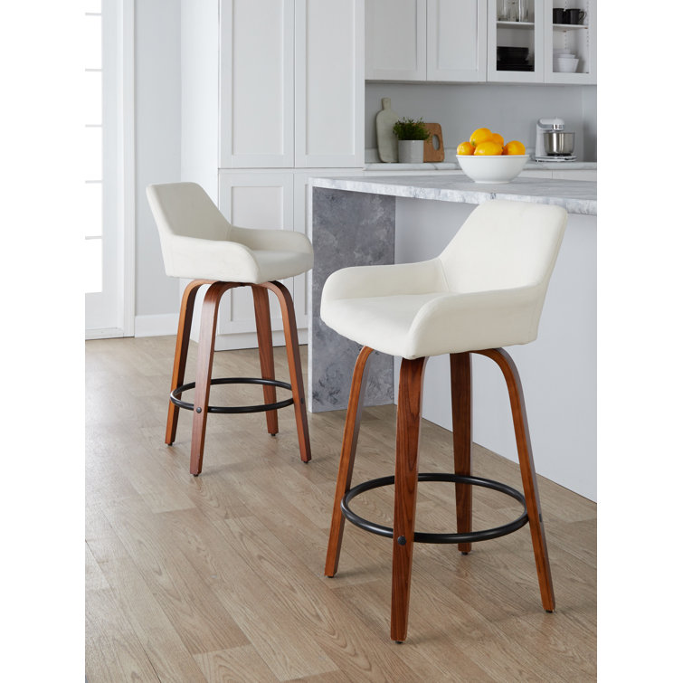 Beige Upholstered Swivel Counter Stools with Walnut Bent Wood Legs