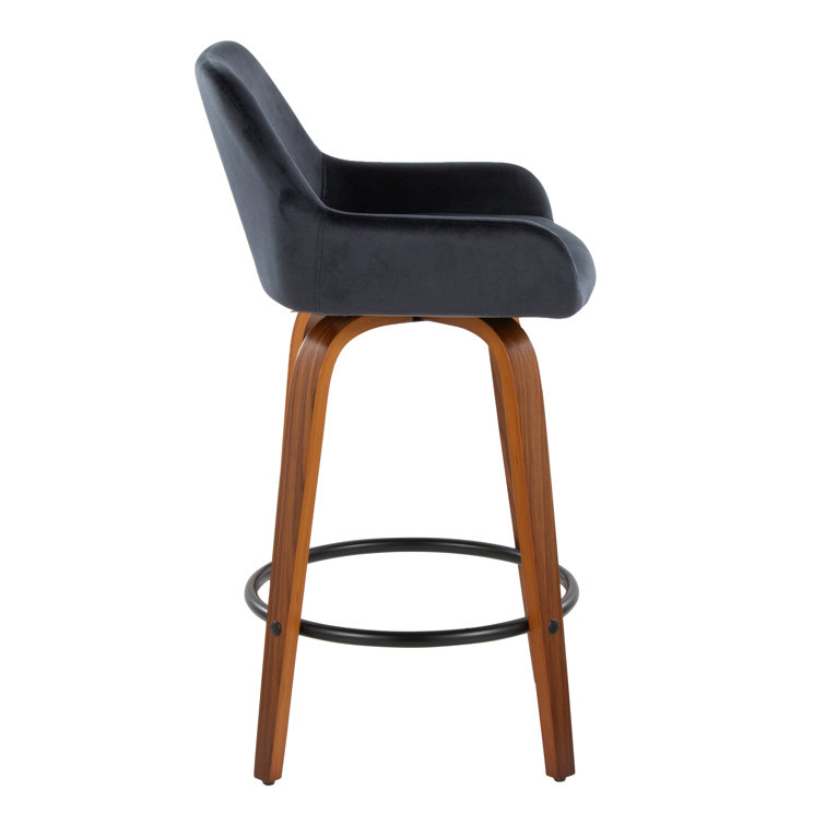 Black Velvet Swivel Counter Stool with Walnut Wood Legs