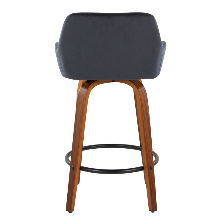 Black Velvet Swivel Counter Stool with Walnut Wood Legs