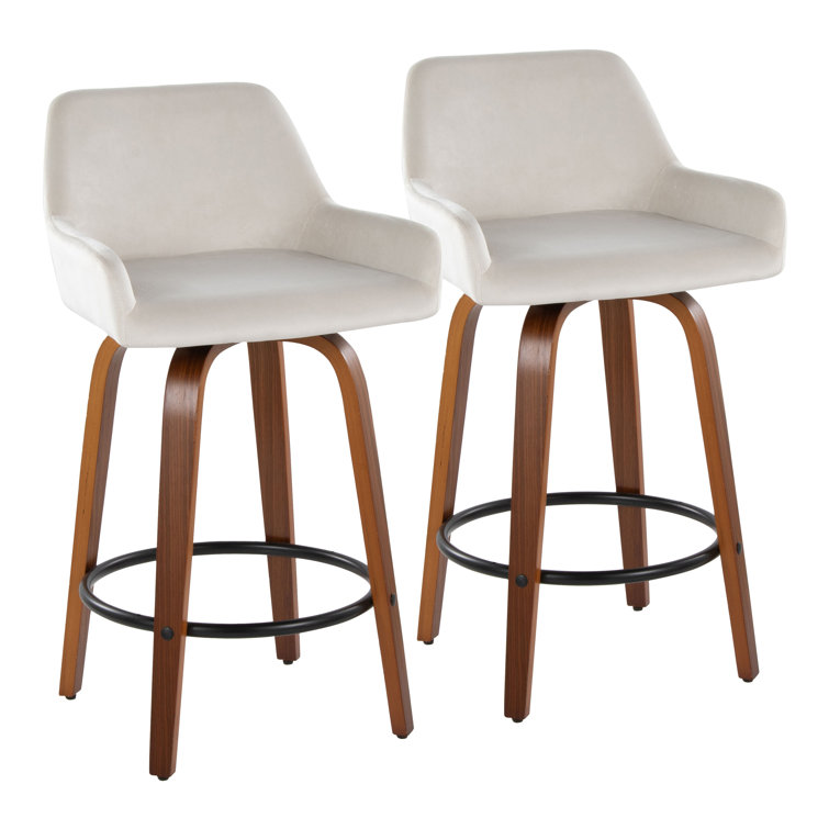 White Upholstered Swivel Counter Stool with Walnut Wood Legs