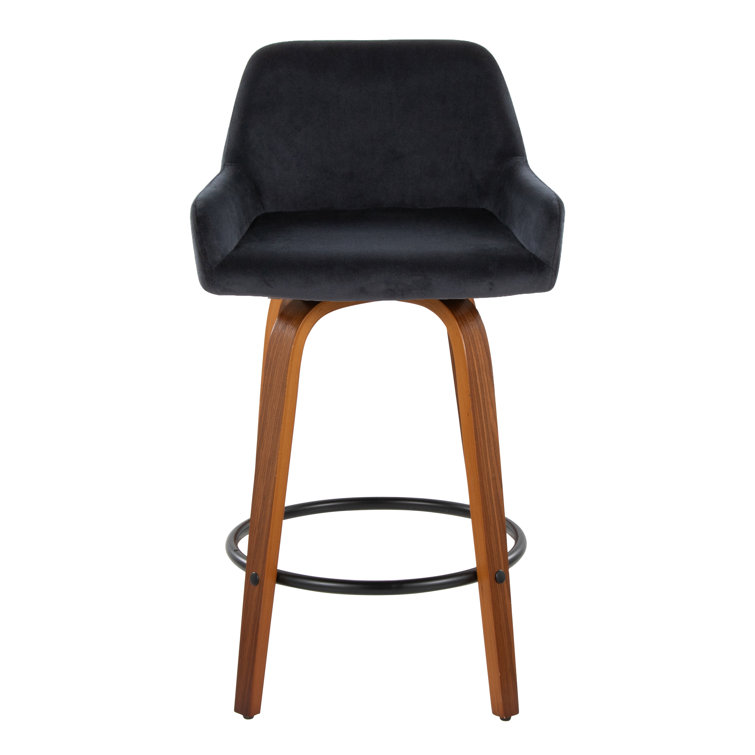 Black Velvet Swivel Counter Stool with Walnut Wood Legs