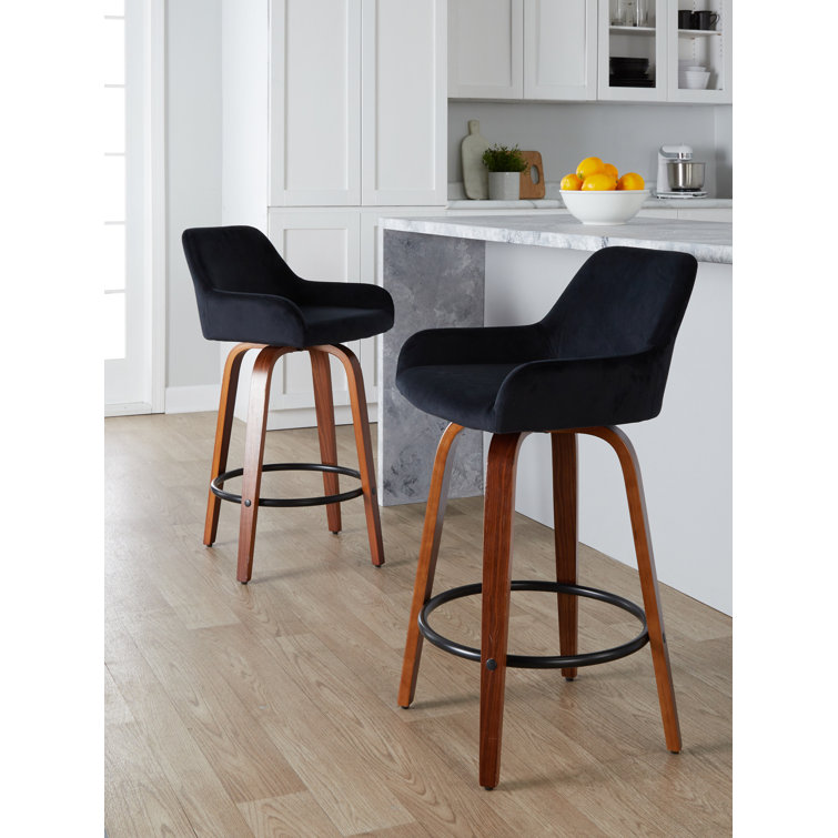 Black Velvet Swivel Counter Stool with Walnut Wood Legs