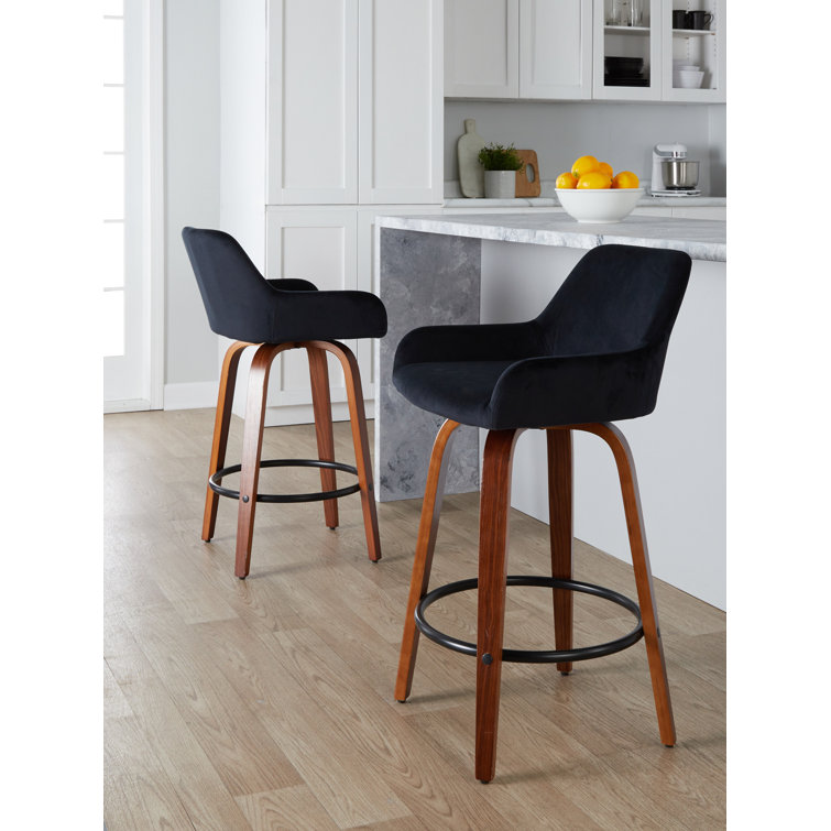 Black Velvet Swivel Counter Stool with Walnut Wood Legs