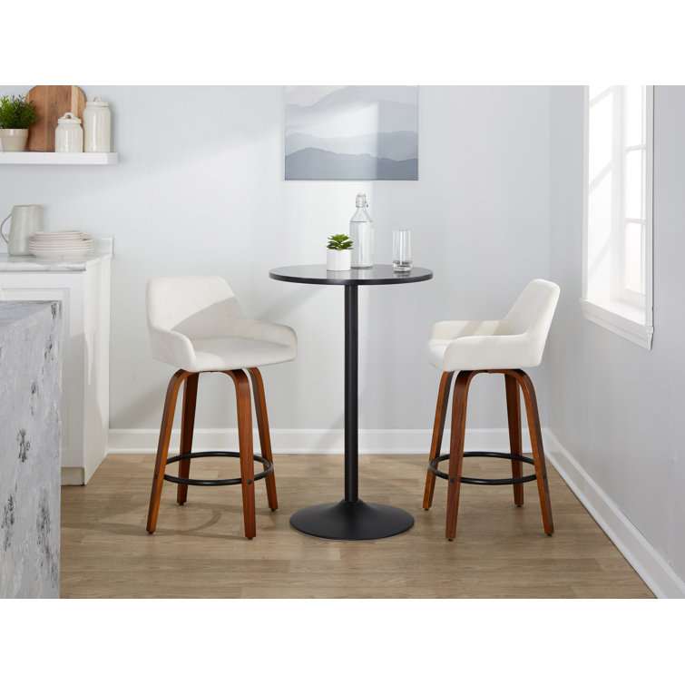 White Upholstered Swivel Counter Stool with Walnut Wood Legs