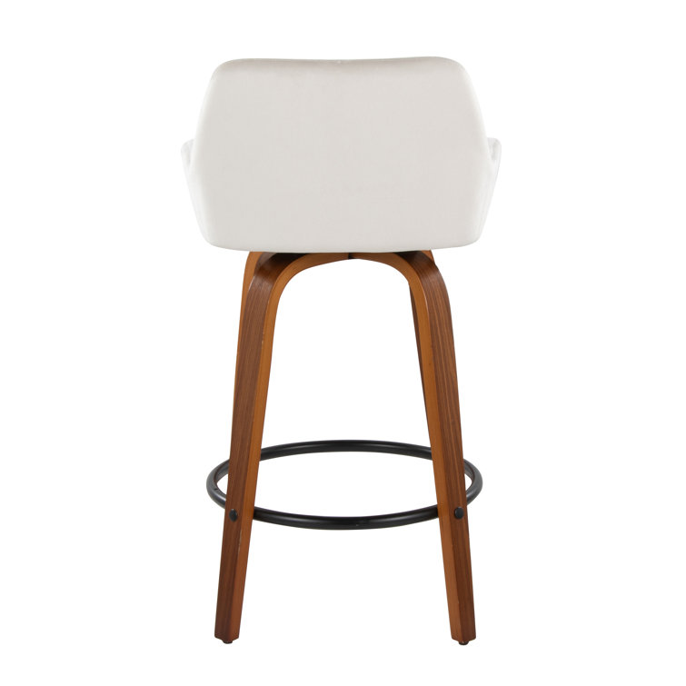 White Upholstered Swivel Counter Stool with Walnut Wood Legs