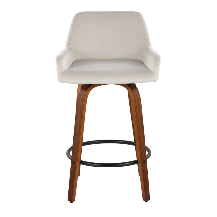 White Upholstered Swivel Counter Stool with Walnut Wood Legs