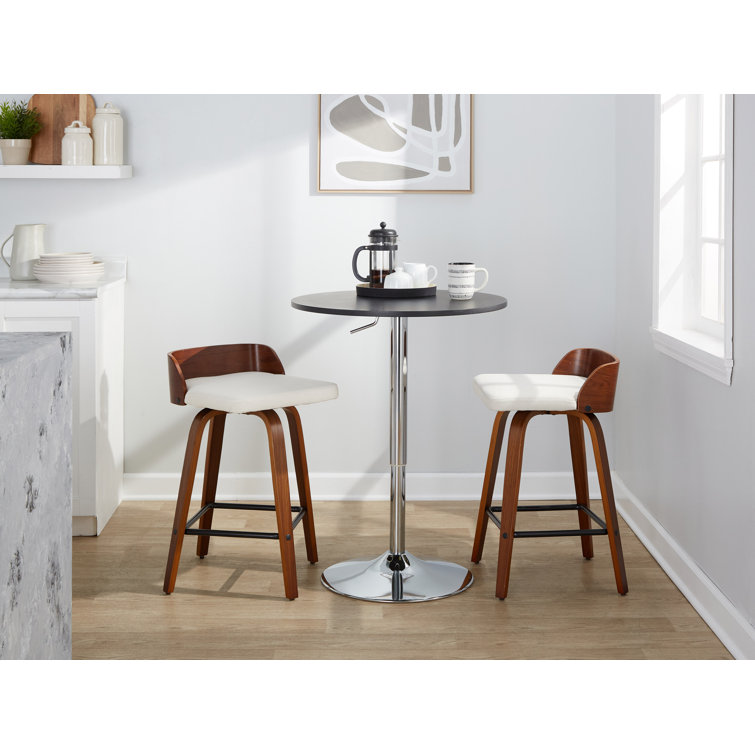 Beige Swivel Upholstered Counter Stool with Wood and Metal Frame
