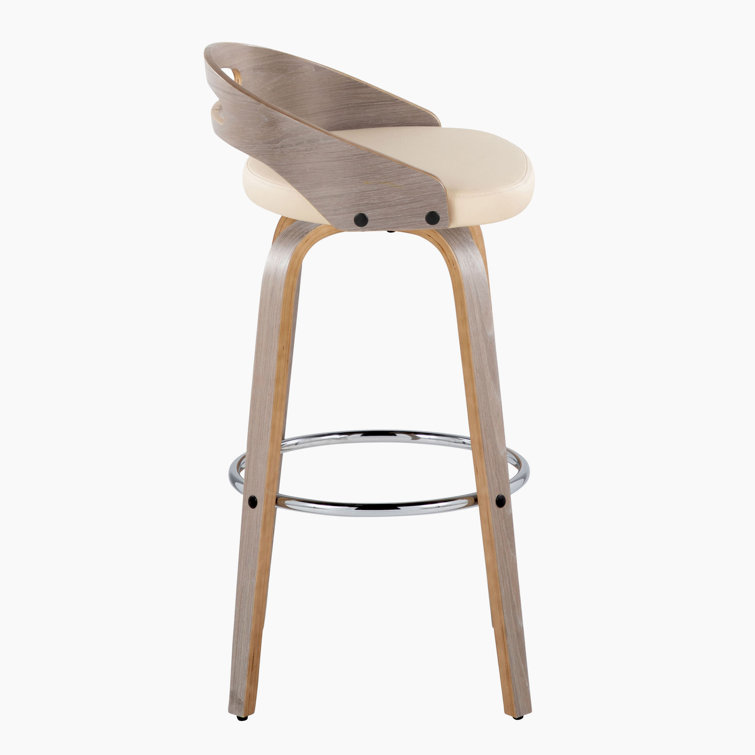 Beige Swivel Upholstered Bar Stool with Wood and Metal Frame