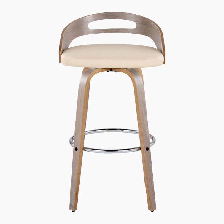 Beige Swivel Upholstered Bar Stool with Wood and Metal Frame