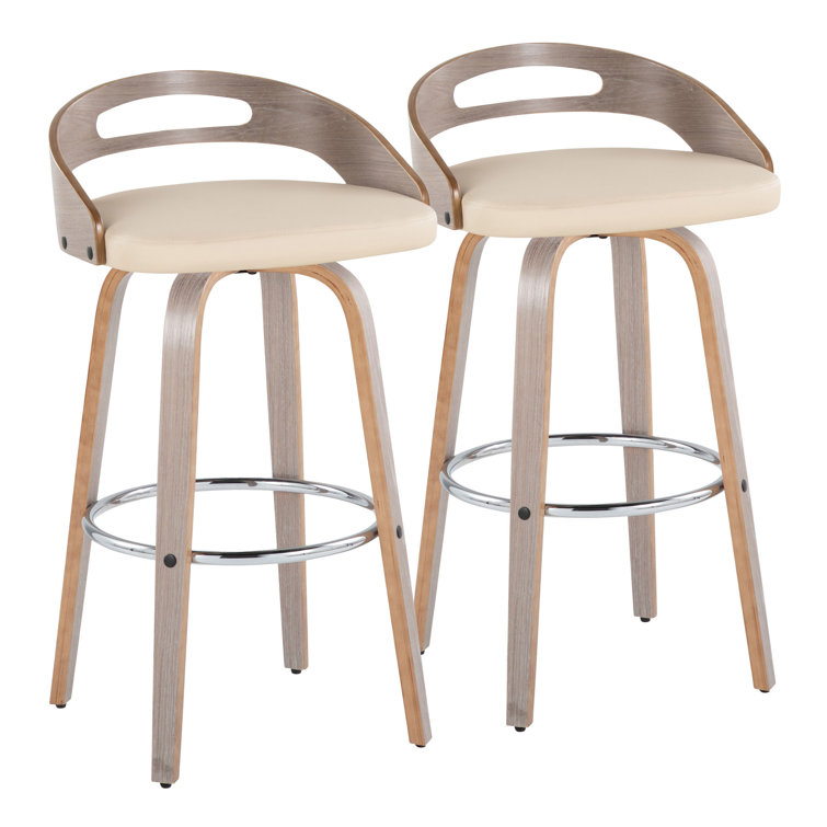 Beige Swivel Upholstered Bar Stool with Wood and Metal Frame