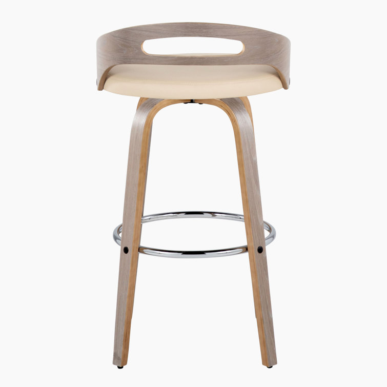 Beige Swivel Upholstered Bar Stool with Wood and Metal Frame