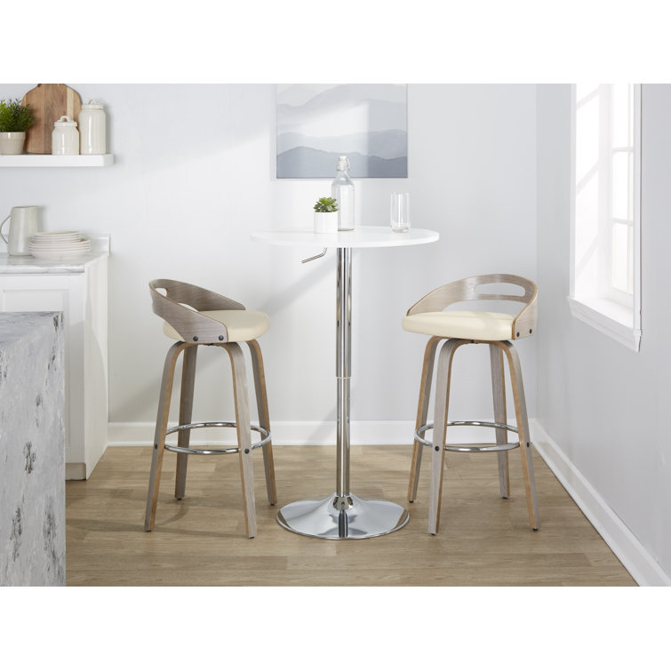 Beige Swivel Upholstered Bar Stool with Wood and Metal Frame