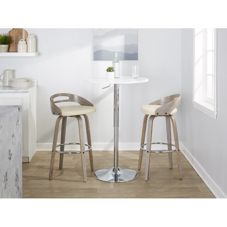 Beige Swivel Upholstered Bar Stool with Wood and Metal Frame