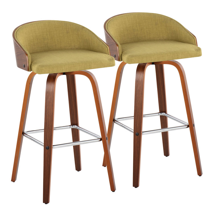 Walnut and Green Swivel Upholstered Bar Stool Set