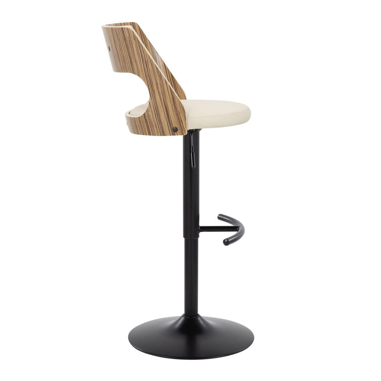 Adjustable Black Metal and Zebra Wood Barstools with Cream Faux Leather