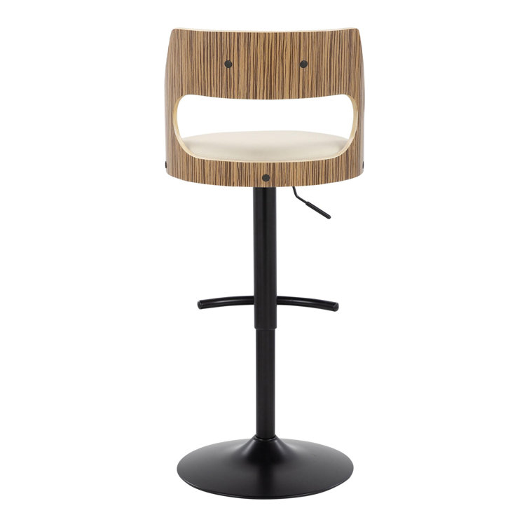 Adjustable Black Metal and Zebra Wood Barstools with Cream Faux Leather