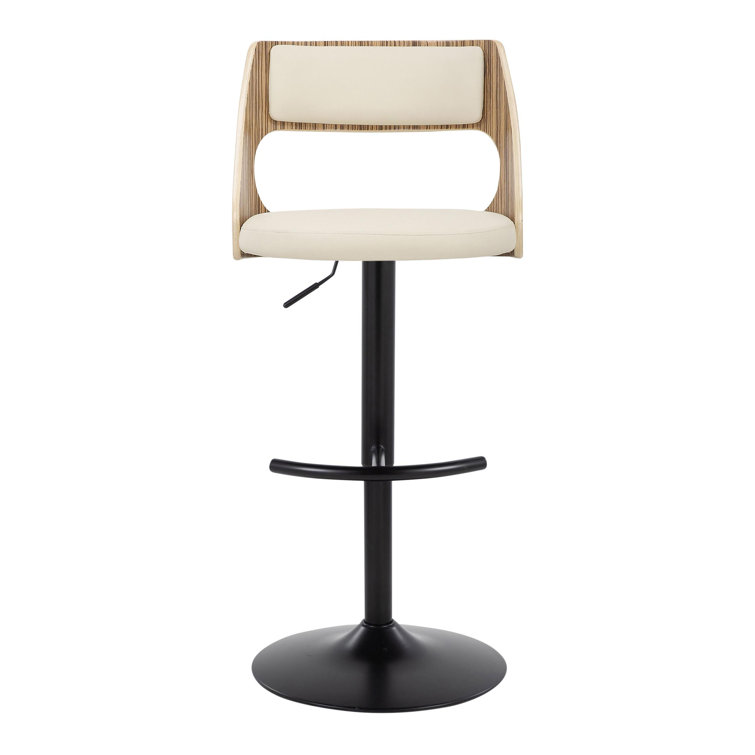 Adjustable Black Metal and Zebra Wood Barstools with Cream Faux Leather