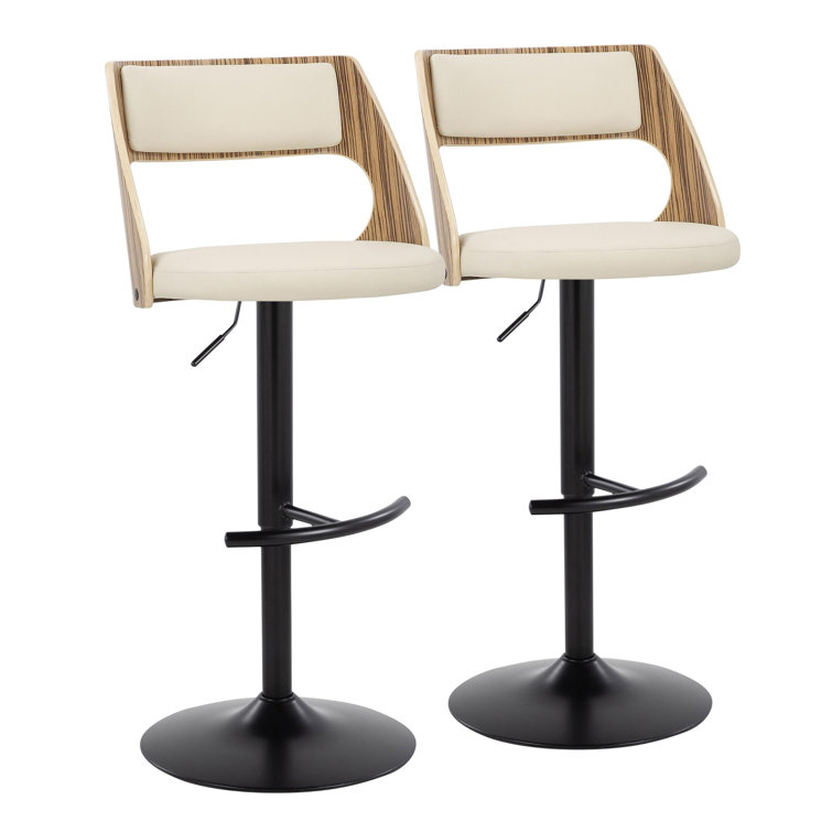 Adjustable Black Metal and Zebra Wood Barstools with Cream Faux Leather