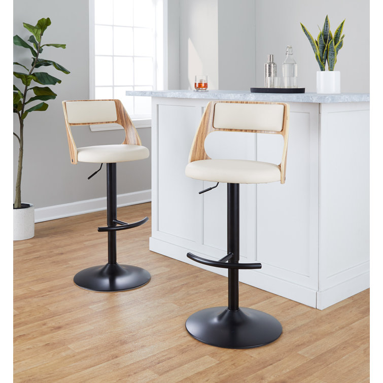 Adjustable Black Metal and Zebra Wood Barstools with Cream Faux Leather