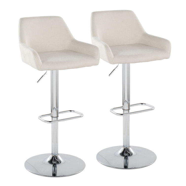 Adjustable White Upholstered Swivel Bar Stool with Chrome Base