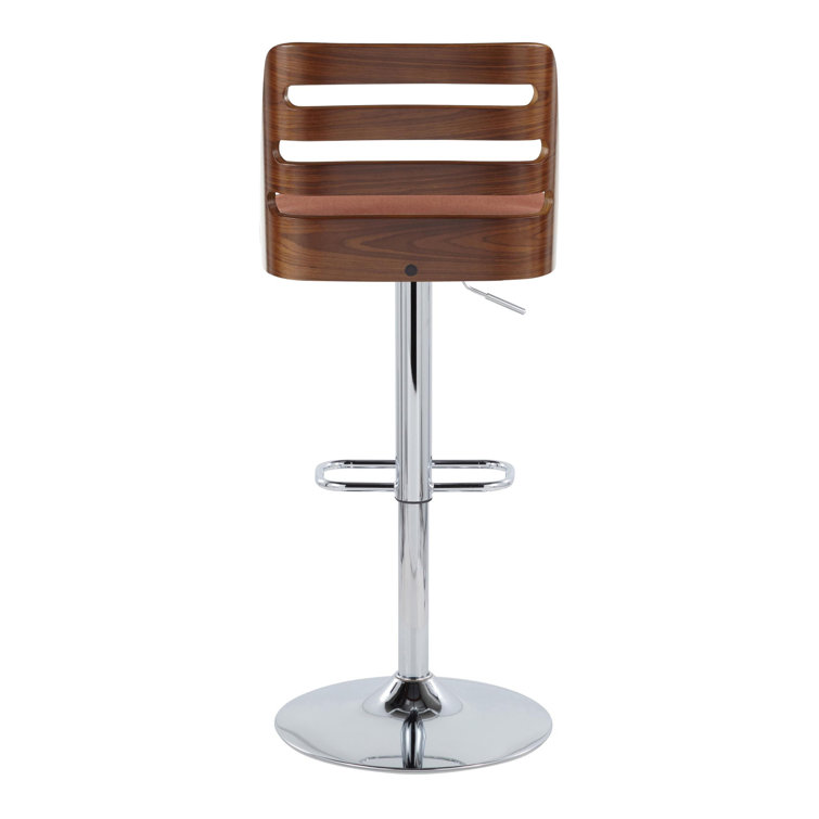 Adjustable Orange Upholstered Swivel Barstool with Wood Backrest