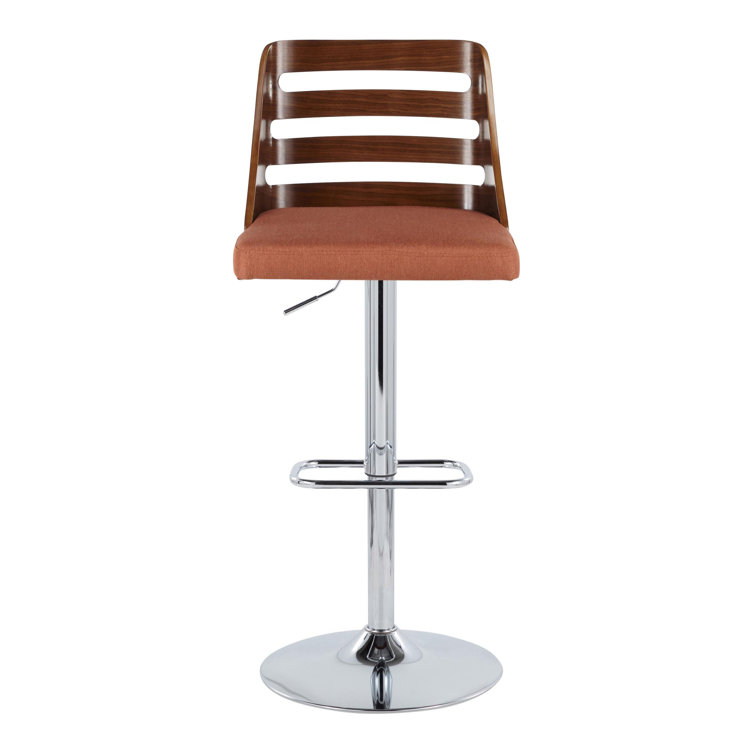 Adjustable Orange Upholstered Swivel Barstool with Wood Backrest