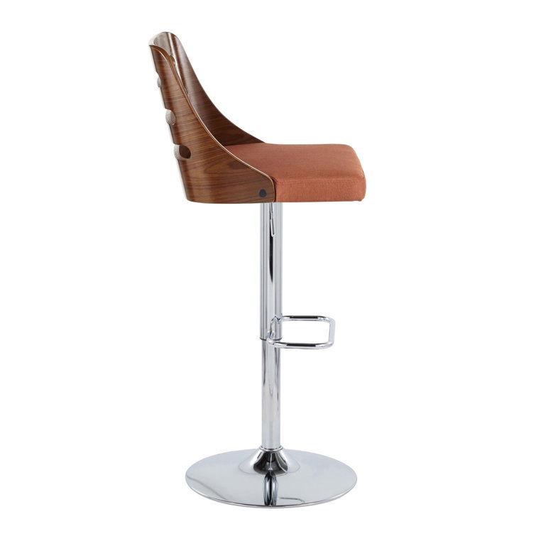 Adjustable Orange Upholstered Swivel Barstool with Wood Backrest