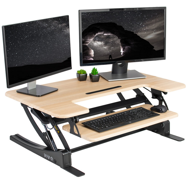Light Wood Height Adjustable Standing Desk Converter with Monitor Riser