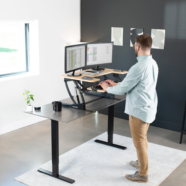 Light Wood Height Adjustable Standing Desk Converter with Monitor Riser