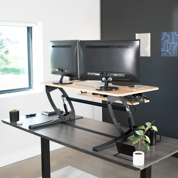 Light Wood Height Adjustable Standing Desk Converter with Monitor Riser