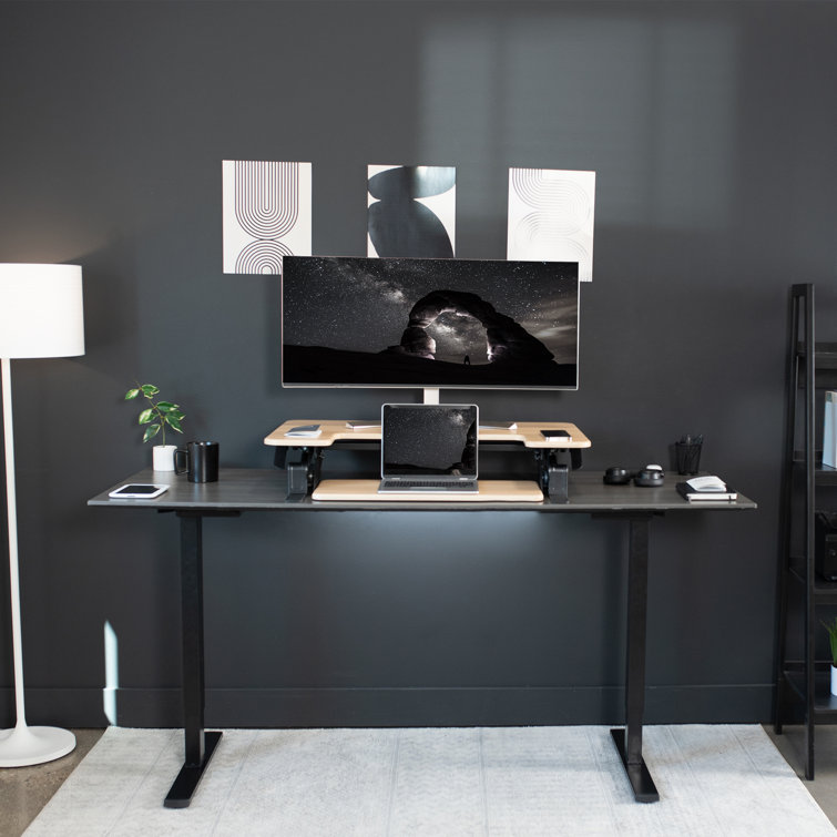 Light Wood Height Adjustable Standing Desk Converter with Monitor Riser