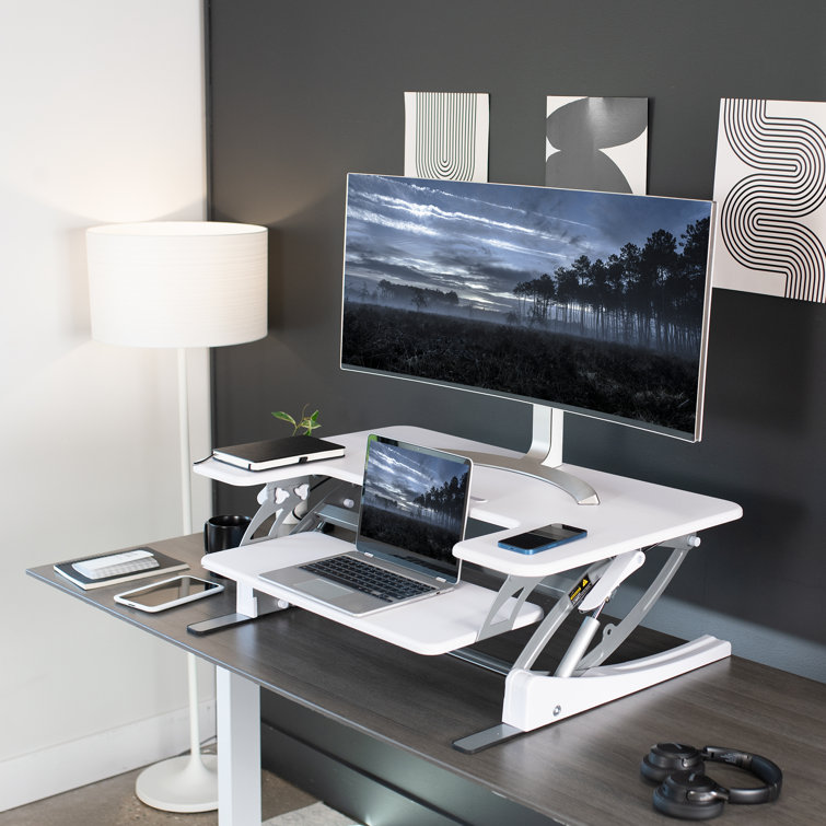 VIVO White 36" Adjustable Height Desk Converter with Keyboard Tray