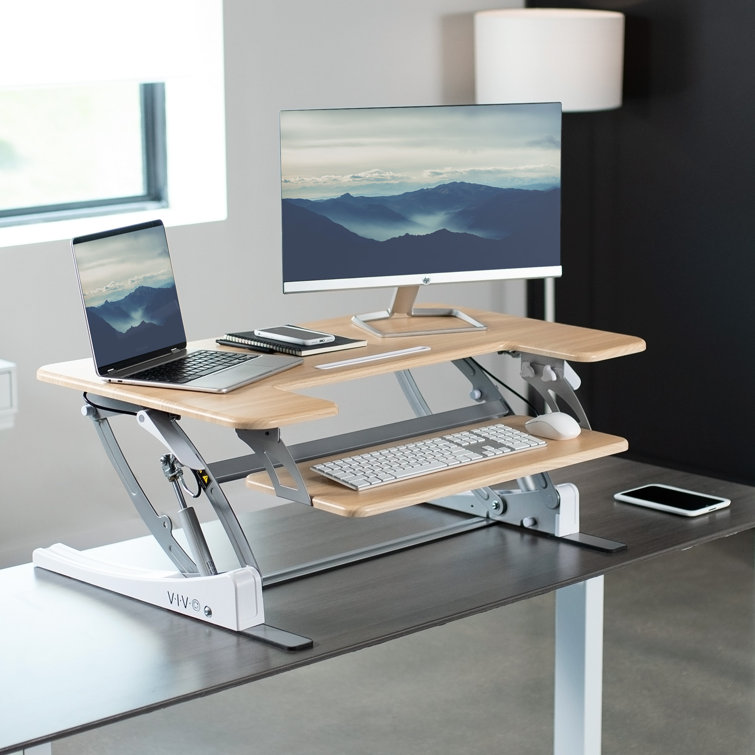 Vivo Light Wood 36" White Frame Standing Desk Converter