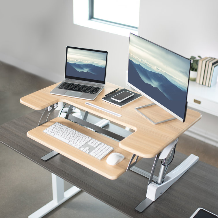 Vivo Light Wood 36" White Frame Standing Desk Converter