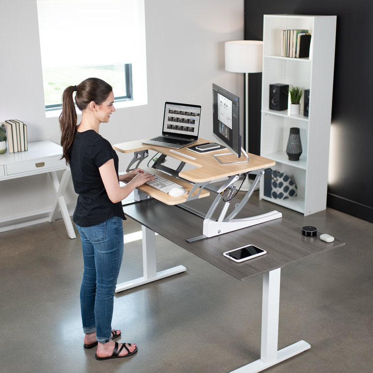 Vivo Light Wood 36" White Frame Standing Desk Converter