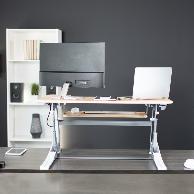 Vivo Light Wood 36" White Frame Standing Desk Converter