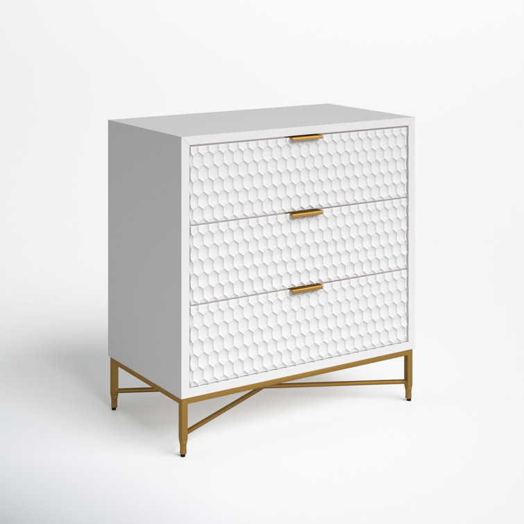 White Pearl Transitional 3-Drawer Accent Chest with Gold Accents