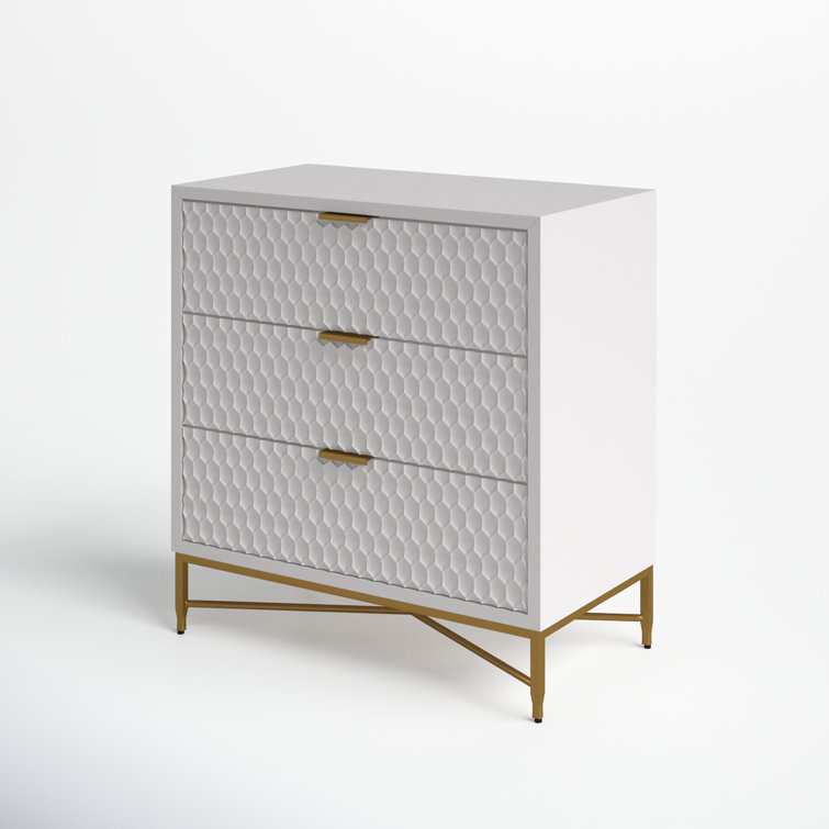 White Pearl Transitional 3-Drawer Accent Chest with Gold Accents