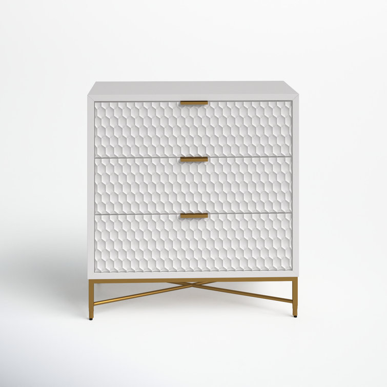 White Pearl Transitional 3-Drawer Accent Chest with Gold Accents
