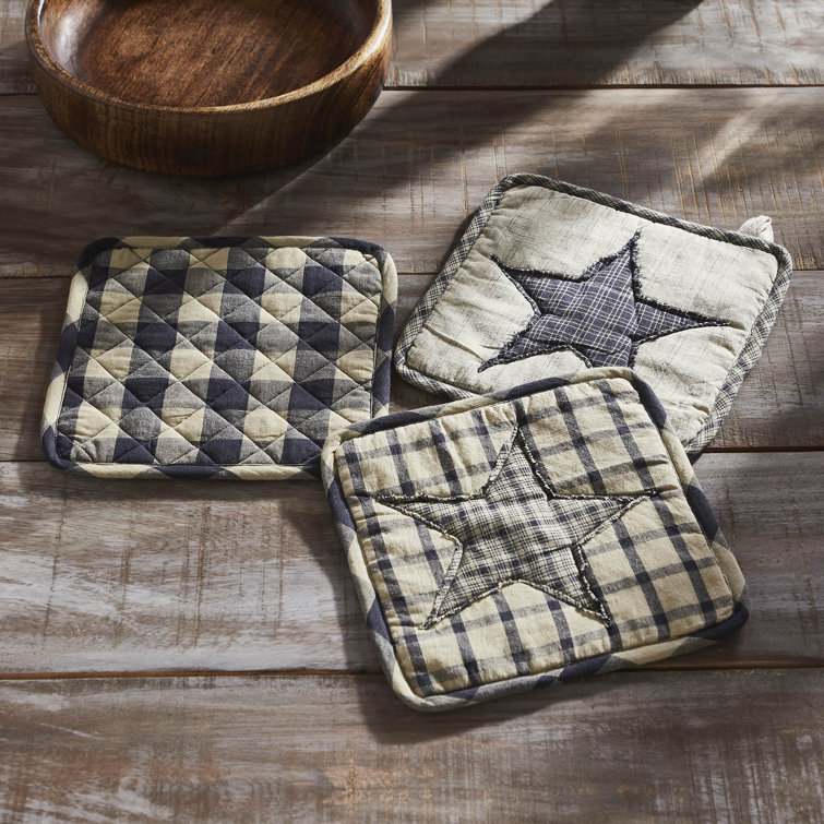 Navy and Tan Patchwork Cotton Pot Holder Set of 3