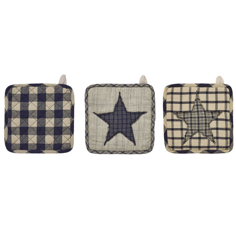 Navy and Tan Patchwork Cotton Pot Holder Set of 3